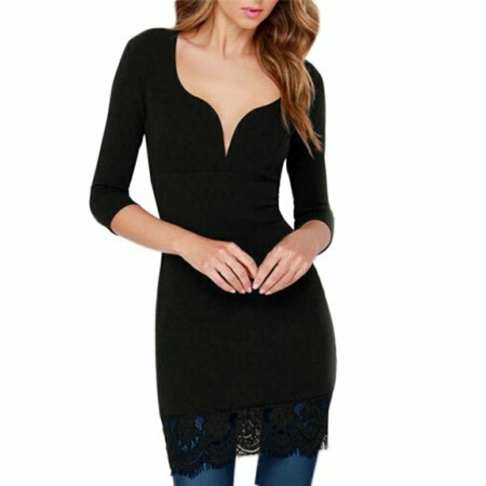 Black Asymmetric Neck Tunic Lace Hem Top